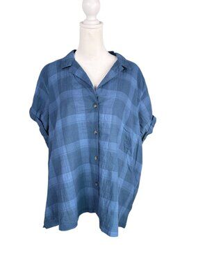 NWT Eddie Bauer 2XL Womens Short Sleeve Packable Camp Shirt Blue Plaid Button Up
